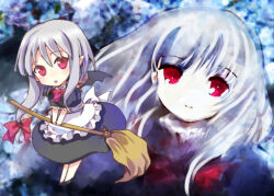 Rule 34 | 1girl, apron, bat wings, black dress, black wings, blush, bow, bowtie, broom, chibi, closed mouth, commentary request, dress, frilled apron, frills, full body, grey hair, holding, holding broom, long hair, looking at viewer, lowres, maid, multiple views, open mouth, pixiv fantasia, pixiv fantasia new world, pointy ears, puffy short sleeves, puffy sleeves, red bow, red bowtie, red eyes, shiosumi aya, short sleeves, smile, waist apron, white apron, wings, zoom layer