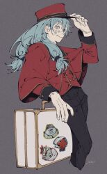 1boy adjusting_clothes adjusting_headwear alternate_costume arm_up bell-boy_hat bellhop_uniform black_pants blue_hair buttons closed_mouth commentary_request cropped_legs cursed_spirit_(jujutsu_kaisen) dagon_(jujutsu_kaisen) grey_background hair_between_eyes hanami_(jujutsu_kaisen) hat highres jogo_(jujutsu_kaisen) jujutsu_kaisen long_hair long_sleeves looking_to_the_side mahito_(jujutsu_kaisen) male_focus mim_(mimya0600) pants red_hat red_shirt shirt signature simple_background sleeve_cuffs smile solo stitched_face stitched_wrist stitches suitcase
