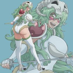 1girl armor ass ass_focus bleach breasts elbow_gloves fingerless_gloves from_behind gloves green_hair huge_ass large_breasts leotard long_hair looking_at_viewer looking_back mask mask_on_head nelliel_tu_odelschwanck open_mouth sideboob solo sonzhondaya sword thick_thighs thighhighs thighs very_long_hair weapon