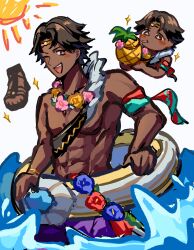 1boy abs brown_eyes brown_hair dark-skinned_male dark_skin fire_emblem fire_emblem_engage fire_emblem_heroes flower flower_necklace fogado_(fire_emblem) fogado_(summer)_(fire_emblem) food fruit highres holding holding_swim_ring innertube jewelry kashiwa_e3 male_swimwear necklace nintendo official_alternate_costume pineapple purple_swim_trunks smile star-shaped_pupils star_(symbol) swim_ring swim_trunks symbol-shaped_pupils