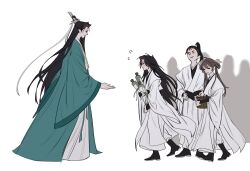 1girl 3boys aged_down black_boots black_hair black_sash boots brown_hair bucket chinese_clothes closed_eyes closed_mouth flying_sweatdrops full_body green_hanfu green_ribbon hair_ribbon hands_on_own_hips hanfu high_ponytail highres hilong holding holding_bucket holding_scroll korean_commentary long_hair long_sleeves looking_at_another luo_binghe ming_fan multiple_boys ning_yingying offering_hand open_mouth pants ponytail renzha_fanpai_zijiu_xitong ribbon ribboned_xiao_guan sash scroll shen_qingqiu simple_background smile standing topknot walking white_background white_hanfu white_pants white_ribbon wide_sleeves wooden_bucket xiao_guan_(headdress)