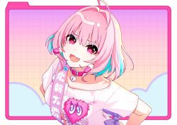 1girl ahoge blue_hair breasts fang idolmaster idolmaster_cinderella_girls medium_breasts official_art open_mouth pink_eyes pink_hair shirt short_sleeves solo t-shirt tasuki upper_body yumemi_riamu