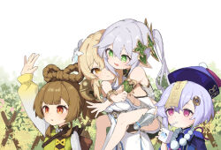 4girls arm_up biluoyao blonde_hair bow-shaped_hair breasts brown_eyes brown_hair carrying carrying_person child closed_mouth coin_hair_ornament drinking_straw genshin_impact green_eyes grey_hair hair_ornament hat highres lumine_(genshin_impact) medium_breasts milk_carton multiple_girls nahida_(genshin_impact) ofuda ofuda_on_head open_mouth piggyback pointy_ears purple_eyes purple_hair purple_hat qiqi_(genshin_impact) red_eyes side_ponytail yaoyao_(genshin_impact)