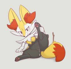 1girl after_vaginal aftersex animal_ear_fluff animal_ears animal_feet animal_nose arm_support arm_up black_fur blush body_fur braixen cleft_of_venus closed_mouth cum cum_in_pussy cumdrip feet female_focus flat_chest fox_ears fox_girl fox_tail full_body furry furry_female gen_6_pokemon grey_background happy kekitopu leg_up light_blush looking_at_viewer lying multicolored_fur neck_fur nintendo on_side pawpads pokemon pokemon_(creature) presenting pussy red_eyes simple_background smile snout soles solo spread_legs stick tail thick_thighs thighs uncensored white_fur yellow_fur