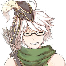 1boy ahoge arrow_(projectile) bicorne black-framed_eyewear black_hat camouflage_scarf closed_eyes commentary_request glasses green_scarf green_shirt grin hat male_focus natsuya_(kuttuki) plume quiver ragnarok_online ranger_(ragnarok_online) scarf semi-rimless_eyewear shirt short_hair simple_background sleeveless sleeveless_shirt smile solo under-rim_eyewear upper_body white_background white_hair
