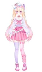 1girl bag blonde_hair blush collar highres kudalive lina_vermillion long_hair looking_at_viewer multicolored_eyes multicolored_hair open_mouth pink_hair pink_ribbon pink_skirt pink_stockings purple_shirt ribbon shirt simple_background skirt smile two-tone_clothes two-tone_hair very_long_hair white_background white_ribbon