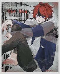1boy barefoot black_hair black_pants blood blood_on_face blue_eyes border cuffs foot_out_of_frame highres hood hood_down hoodie jacket long_sleeves looking_at_viewer male_focus multicolored_hair nosebleed pants red_hair shackles signature solo sparrowhabird streaked_hair sumino_takumi the_hundred_line_-last_defense_academy- tongue tongue_out white_border white_hoodie