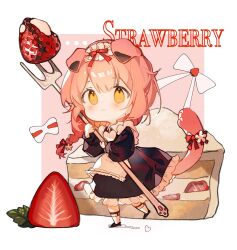 1girl :&lt; alternate_costume animal_ears arknights black_dress blush border cake cake_slice chinese_commentary closed_mouth commentary dress enmaided food fork frilled_dress frills fruit full_body goldenglow_(arknights) hewu639356 highres holding holding_fork leg_up long_hair long_sleeves looking_at_viewer maid mini_person minigirl outside_border pink_background pink_hair pink_tail puffy_long_sleeves puffy_sleeves solo standing standing_on_one_leg strawberry tail white_border yellow_eyes