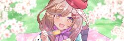 1girl animal_ears blurry blurry_background cherry_blossoms chopsticks commission filkia food hair_ornament hanami hat highres horse_ears horse_girl incoming_food looking_at_viewer matikane_tannhauser_(umamusume) medium_hair open_mouth pixiv_commission pov solo umamusume