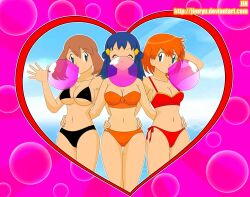 3girls arm_around_waist arm_behind_head arm_up bikini black_bikini blowing_bubbles blue_eyes blue_hair breasts brown_hair bubble bubble_background chewing_gum cleavage closed_eyes cloud collarbone dawn_(pokemon) day hair_ornament hairclip heart hourglass_body_figure huge_breasts jimryu large_breasts long_hair may_(pokemon) misty_(pokemon) multiple_girls nintendo ocean orange_bikini orange_hair outdoors pink_background pokemon red_bikini short_hair side-tie_bikini_bottom sky strapless strapless_bikini sunburst sunburst_background swimsuit water watermark wavy_hair web_address