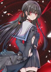 Rule 34 | 1girl, absurdres, arm cutout, black choker, black hair, black shirt, breasts, chisa (wuthering waves), choker, commentary request, cowboy shot, hair ribbon, highres, is (aisu), long hair, long sleeves, looking at viewer, md5 mismatch, mole, mole under eye, parted lips, red eyes, red ribbon, resolution mismatch, ribbon, sailor collar, shirt, skirt, small breasts, solo, source larger, tacet mark (wuthering waves), thighs, white sailor collar, white skirt, wuthering waves