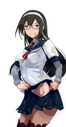 Rule 34 | 1girl, black hair, blue eyes, blue sailor collar, blue skirt, commentary request, cowboy shot, glasses, hairband, highres, hip vent, kantai collection, long hair, necktie, no panties, ooyodo (kancolle), pleated skirt, red necktie, sailor collar, school uniform, semi-rimless eyewear, serafuku, simple background, skirt, solo, thighhighs, tongue, tongue out, under-rim eyewear, white background, yamaioni (sasakama)