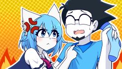 1boy 1girl :&lt; anger_vein angry animal_ears beard blue_eyes blue_hair blue_shirt colored_skin commentary english_commentary facial_hair fire glaring gripping_clothes highres holding_sock indie_virtual_youtuber no_eyes no_nose polka_dot polka_dot_background scowl shirt socks theamaazing unworn_socks virtual_youtuber wolf_ears wolf_girl wolfychu wolfychu_(artist)