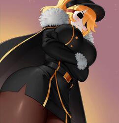 1girl 2024 absurdres annoyed arms_under_breasts belt belt_buckle black_belt black_cape black_dress black_gloves black_hat blonde_hair blush borrowed_character breasts brown_pantyhose buckle cape commentary commission cowboy_shot crossed_arms dress english_commentary foreshortening from_below frown fur-trimmed_cape fur-trimmed_sleeves fur_trim gloves gold_trim hair_over_one_eye hat highres huge_breasts large_breasts legs_together locket_white_(bakalorin) long_sleeves looking_at_viewer mario_(series) military_hat nintendo original pantyhose purple_sky shy_gal sky standing swept_bangs turtleneck turtleneck_dress twilight white_mask yuulis27