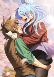 Rule 34 | 1boy, 1girl, absurdres, aqua (konosuba), blue eyes, blue hair, brown hair, highres, izawa (bhive003), kono subarashii sekai ni shukufuku wo!, petals, satou kazuma