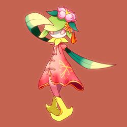 1girl arm_up china_dress chinese_clothes clothed_pokemon colored_sclera colored_skin crossed_legs crown dress female_focus flat_chest flower free_butterfree full_body green_hair green_skin hair_flower hair_ornament hisuian_lilligant long_dress looking_at_viewer mini_crown monster_girl multicolored_skin nintendo no_mouth pink_flower plant_girl pokemon pokemon_(creature) red_background red_dress red_sclera red_skin short_hair short_sleeves sidelocks simple_background solo standing tassel white_eyes white_skin yellow_headwear