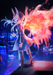 1girl absurdres beco_(karikaribaconchan) breasts city city_lights facing_viewer highres hood hood_up jacket kagune_(tokyo_ghoul) kirishima_touka long_hair long_sleeves mask night outdoors pink_hair rabbit_mask shoes small_breasts solo standing tokyo_ghoul