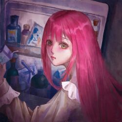 1girl absurdres brown_eyes brown_shirt chinese_commentary closed_mouth commentary_request dark drink drinking_straw frilled_shirt frills highres holding holding_drink indoors juice_box light_blush light_frown lipstick long_hair long_sleeves makeup nikki_(nikki) nikki_(series) pink_hair pink_lips pointy_nose refrigerator sea0 shining_nikki shirt sidelocks solo straight_hair upper_body very_long_hair