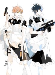 2boys aoyagi_touya apron arm_up assault_rifle black_ribbon blonde_hair blue_hair chinese_commentary commentary_request crossdressing dayud11 dot_nose dual_wielding frills gun handgun highres holding holding_gun holding_weapon holster looking_ahead looking_to_the_side maid male_focus male_maid multicolored_hair multiple_boys neck_ribbon orange_hair over-kneehighs parted_lips project_sekai ribbon rifle shinonome_akito short_sleeves sideways_glance smile split-color_hair standing streaked_hair thigh_holster thighhighs weapon white_apron white_background