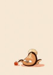 animal_focus apple artist_name black_eyes commentary_request dark_skin food fruit game_freak gen_5_pokemon highres nintendo no_humans pokemon pokemon_(creature) simple_background stunfisk twitter_username white_background yellow_tail zozozoshion