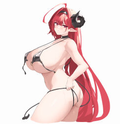 1girl ahoge ass azur_lane bare_legs bikini black_bikini black_choker black_headband black_horns black_tail blush breasts choker curled_horns demon_horns forward-facing_horns from_side front-tie_bikini_top front-tie_top headband highres hindenburg_(azur_lane) horns huge_ahoge huge_breasts long_hair looking_to_the_side o-ring o-ring_choker pointy_ears pulling_own_clothes red_hair sideboob simple_background solo swimsuit tail thighs undone_bikini very_long_hair white_background zuzhang