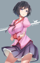 1girl bakemonogatari black_hair blush breast_hold breasts character_name cowboy_shot crossed_arms female_focus hair_ornament hairclip hanekawa_tsubasa highres large_breasts looking_at_viewer monogatari_(series) ninnzinn no_legwear pleated_skirt puffy_sleeves purple_eyes school_uniform short_hair skirt solo standing