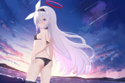 1girl ass bikini black_bikini black_choker black_hairband blue_archive blush braid breasts butt_crack choker hair_between_eyes hair_over_one_eye hair_ribbon hairband halo hand_on_own_hip loli long_hair looking_at_viewer looking_back nc731 plana_(blue_archive) red_halo red_pupils ribbon shooting_star single_braid sky small_breasts smile solo star_(sky) starry_sky sunset swimsuit thighs very_long_hair wading water wet