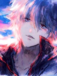 Rule 34 | 1boy, black shirt, gintama, hair between eyes, high collar, highres, looking at viewer, lushu kuye, male focus, messy hair, parted lips, portrait, red eyes, sakata gintoki, shirt, short hair, sky, solo, teeth, traditional media, white hair