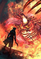 1other artist_name artofchinara blade_of_mercy bloodborne boss_fight claws commentary english_commentary fire from_behind full_body hat holding holding_weapon hunter_(bloodborne) laurence_the_first_vicar monster open_mouth ribs standing tricorne weapon