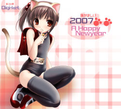 00s 1girl 2007 animal_ears backpack bag black_one-piece_swimsuit blush cat_ears cat_tail female_focus finger_to_mouth kyon_no_imouto loli namamo_nanase name_tag new_year one-piece_swimsuit ponytail randoseru school_swimsuit side_ponytail solo suzumiya_haruhi_no_yuuutsu swimsuit tail thighhighs