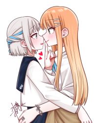 2girls arm_around_waist black_sailor_collar blue_eyes blue_ribbon blush bracelet braid closed_mouth commentary_request eye_contact finger_to_another&#039;s_mouth from_side gakuen_idolmaster green_eyes h77kobato hair_ornament hair_ribbon hairclip half_up_braid idolmaster jewelry katsuragi_lilja long_hair long_sleeves looking_at_another multiple_girls neck_ribbon open_mouth orange_hair profile ribbon ribbon_braid ring sailor_collar school_uniform shirt shiun_sumika short_hair simple_background smile white_background white_hair white_shirt yuri