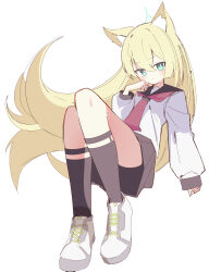 1girl absurdres animal_ears blonde_hair blue_archive fox_ears fox_girl green_eyes green_halo grey_sailor_collar grey_skirt halo highres kurumi_(blue_archive) looking_at_viewer neckerchief red_neckerchief ria_(52266382) sailor_collar school_uniform serafuku shirt skirt solo thighs white_shirt