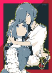 2girls backpack bag blue_eyes blue_hair border bright_pupils collared_shirt commentary_request frilled_shirt frilled_sleeves frills fukurai_azami glasses hair_over_one_eye highres holding holding_removed_eyewear hug kisaragi_ayumi long_sleeves looking_at_viewer multiple_girls nogizi open_mouth outline red_border shirt short_hair spoilers toshi_densetsu_kaitai_center triangle_necklace unworn_eyewear upper_body white_pupils yellow_outline