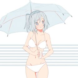 1girl bikini blue_eyes blue_hair breasts closed_mouth commentary_request hair_between_eyes halterneck holding holding_umbrella kamotsu medium_breasts medium_hair original ponytail side_ponytail simple_background solo striped_background swimsuit umbrella white_bikini