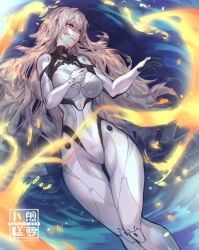 1girl absurdres blue_background bodysuit breasts fire firefly_(ar-26710)_(honkai:_star_rail) firefly_(honkai:_star_rail) grey_hair hair_between_eyes hand_on_own_chest highres honkai:_star_rail honkai_(series) large_breasts long_hair looking_to_the_side narrow_waist official_alternate_costume pink_eyes radishkek solo thigh_gap watermark wide_hips