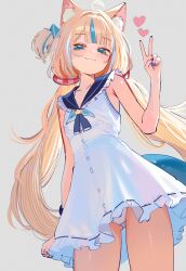 1girl absurdres ahoge animal_ears blonde_hair blue_eyes blue_nails breasts cat_ears closed_mouth commentary dress fang fins fish_girl fish_tail highres indie_virtual_youtuber long_hair looking_at_viewer low_twintails ms._tsu multicolored_hair nail_polish sameko_saba shorts skin_fang sleeveless sleeveless_dress small_breasts smile solo streaked_hair tail twintails very_long_hair virtual_youtuber white_dress white_shorts