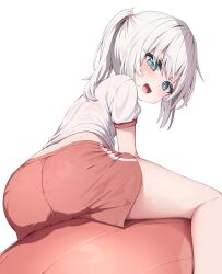 1boy absurdres ass ball blue_eyes exercise_ball gym_uniform highres looking_at_viewer male_focus mannack medium_hair open_mouth original ponytail puffy_short_sleeves puffy_sleeves red_shorts shirt short_sleeves shorts simple_background solo teeth trap upper_teeth_only white_background white_hair white_shirt
