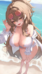 1girl azur_lane bare_shoulders barefoot beach bikini blue_sky blush breasts brown_hair cleavage collarbone commentary crossed_bangs day eyewear_on_head fangs frilled_bikini frills hair_between_eyes hair_intakes hand_on_own_thigh hand_up head_tilt highres large_breasts lens_flare lion_(azur_lane) lion_(the_reclining_dandelion)_(azur_lane) long_hair looking_at_viewer mountainous_horizon ocean off_shoulder official_alternate_costume open_mouth outdoors pussy_juice rizzy round_eyewear sky solo standing sunlight swimsuit tinted_eyewear very_long_hair white_bikini yellow_eyes