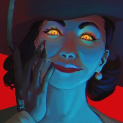 1girl alcina_dimitrescu black_hair black_hat claw_(weapon) close-up commentary earrings english_commentary evil_smile hat highres jewelry mature_female orange_eyes pale_skin portrait red_background red_lips resident_evil resident_evil_village signature smile solo viconbekon weapon
