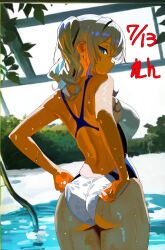 1girl adjusting_clothes adjusting_swimsuit ass blue_eyes breasts competition_swimsuit dated from_behind grey_hair hat highres kantai_collection kashima_(kancolle) long_hair looking_at_viewer looking_back medium_breasts one-piece_swimsuit pool ren_(pawer1945) shiny_skin solo standing swimsuit tsurime twintails water wet wet_clothes wet_swimsuit white_one-piece_swimsuit