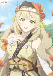 1girl absurdres bare_shoulders blonde_hair blush breasts celine_(fire_emblem) celine_(ninja)_(fire_emblem) detached_sleeves fire_emblem fire_emblem_engage fire_emblem_heroes flower green_eyes hair_ornament hair_stick highres long_hair looking_at_viewer ninja nintendo official_alternate_costume open_mouth orange_flower orange_trim outdoors small_breasts smile solo tak0baka tassel tassel_hair_ornament teeth upper_body very_long_hair wrist_bow