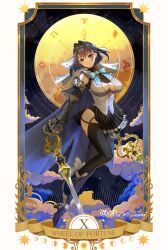 1girl aqua_bow aqua_bowtie black_hair black_thighhighs blue_cape blue_eyes blunt_bangs border bow bow_earrings bowtie breasts brooch cape card_(medium) chain chain_headband cleavage clock clothing_cutout cropped_shirt detached_sleeves dual_wielding earrings floating_hair full_body hair_intakes half-skirt halter_shirt halterneck hashtag-only_commentary heart heart_brooch high_heels highres holding holding_sword holding_weapon hololive hololive_english jewelry juliet_sleeves large_breasts long_sleeves looking_ahead ornate_border ouro_kronii ouro_kronii_(1st_costume) pinstripe_pattern puffy_sleeves reiayaori short_hair solo sword tarot tarot_(medium) thighhighs unconventional_weapon underboob_cutout veil vest virtual_youtuber weapon wheel_of_fortune_(tarot) white_vest
