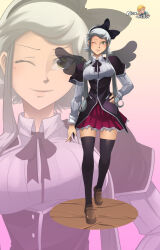 1girl alex_kellar black_capelet bow breasts capelet crossover cyn_(murder_drones) grey_hair high_school_dxd highres humanization kuoh_academy_school_uniform large_breasts long_hair looking_at_viewer low-tied_sidelocks murder_drones painterly pleated_skirt purple_skirt ribbon school_uniform short_hair sidelocks skirt smile socks very_long_hair white_hair yellow_eyes