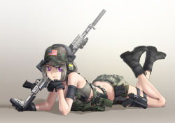 1girl american_flag assault_rifle bad_id bad_pixiv_id battle_rifle boots butt_crack camouflage combat_boots female_focus glock gloves gun handgun hat kws load_bearing_vest looking_at_viewer m14 military military_uniform original purple_eyes rifle shorts silver_hair solo suppressor weapon