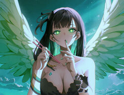 Rule 34 | 1girl, angel wings, bare arms, bare shoulders, black hair, breast tattoo, breasts, butterfly tattoo, character request, chopsticks, cloud, copyright request, green eyes, green hair, highres, large breasts, long hair, looking at viewer, multicolored hair, nail polish, nervi fd, sky, snake, solo, tattoo, two-tone hair, upper body, very long hair, wings