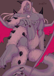 Rule 34 | 1boy, barefoot, black horns, black nails, brown background, chest jewel, colored skin, commentary request, crossed legs, dragon quest, dragon quest xi, earrings, english text, floating hair, gem, hand on own knee, homeros (dq11), horns, jewelry, long hair, looking at viewer, looking down, male focus, monster boy, muscular, muscular male, official alternate design, open mouth, pointy ears, poppoqo, purple skin, red eyes, shoulder spikes, solo, spikes, spoilers, stud earrings, tail, topless male, torn wings, transformation, white fur, white gemstone, white hair, wings