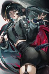 1girl absurdres animal_ear_piercing animal_ears ass black_hair blunt_bangs cowboy_shot dutch_angle ear_piercing fingerless_gloves fur-trimmed_jacket fur_trim garter_straps gloves gradient_hair green_eyes green_jacket hair_between_eyes highres jacket jane_doe_(zenless_zone_zero) long_hair looking_at_viewer multicolored_hair open_hand open_mouth piercing red_hair red_nails shiraki_(y_aira_srk) signature single_thighhigh smile solo strap tail teeth thighhighs upper_teeth_only very_long_hair zenless_zone_zero