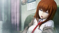 1girl 2015 arm_belt belt_buckle breast_pocket breasts brown_hair brown_jacket buckle calendar_(object) collared_shirt couch future_gadget_lab game_cg hair_between_eyes hair_over_shoulder highres huke jacket jacket_partially_removed looking_at_viewer makise_kurisu necktie non-web_source official_art on_couch open_mouth pain pocket purple_eyes purple_trim red_necktie ringed_eyes shirt sitting small_breasts solo steins;gate steins;gate_0 teeth tongue upper_teeth_only white_shirt
