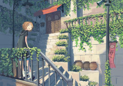 1girl awning brown_eyes brown_hair commentary door female_focus leaning_back mailbox matching_hair/eyes open_mouth original plant postbox pot railing sailor_collar shadow short_hair shorts smile solo speaker stairs vines wu_ba_pin