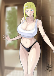 Rule 34 | 1girl, absurdres, bare legs, blonde hair, blue eyes, blush, breasts, cleavage, female focus, gluteal fold, highres, huge breasts, large breasts, looking at viewer, narumiamiya, naruto (series), naruto shippuuden, navel, samui (naruto), short hair, solo, thigh gap